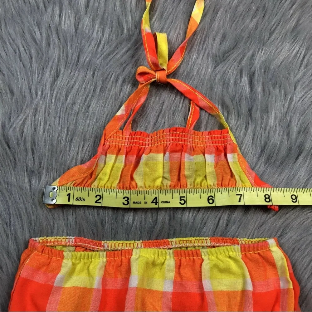 Vintage Baby Girls 70s Orange Yellow Plaid Cotton Bikini
